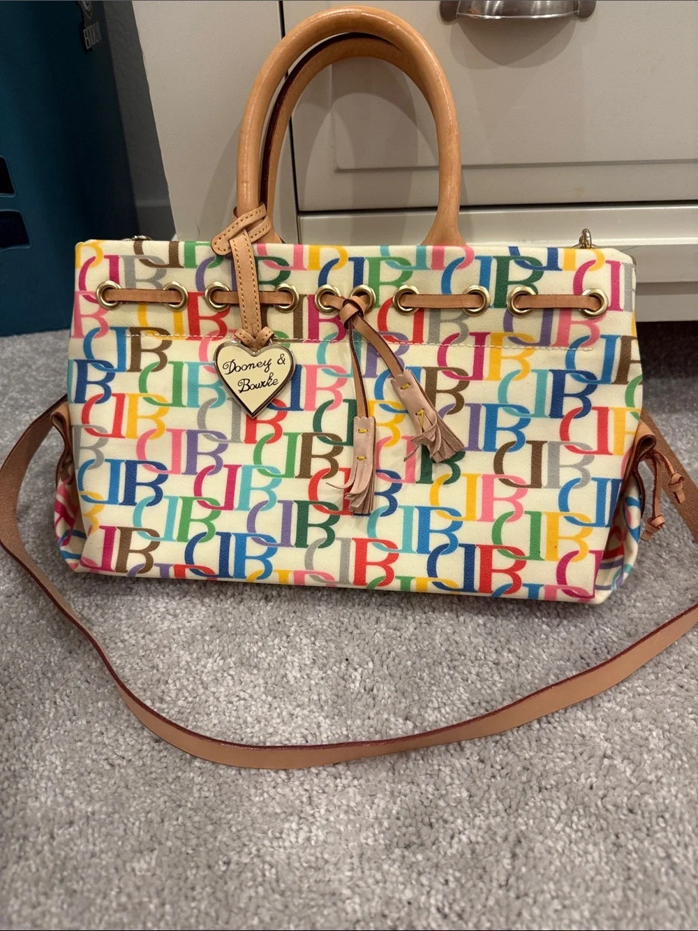 Dooney & Bourke Multicolor Signature Logo Satchel with Tan Leather Trim